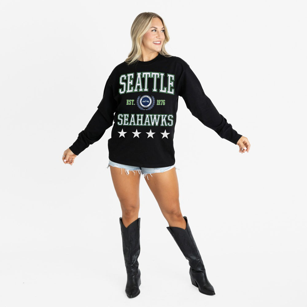 Seattle Seahawks Gameday Couture Women's Oversized Everyday Star Long Sleeve T-Shirt Black - NFL