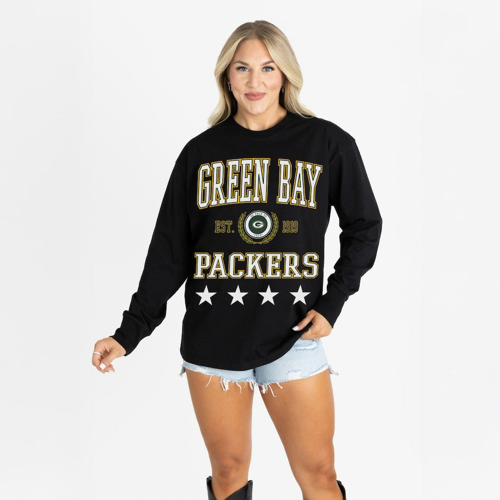 Green Bay Packers Gameday Couture Women's Oversized Everyday Star Long Sleeve T-Shirt Black - NFL
