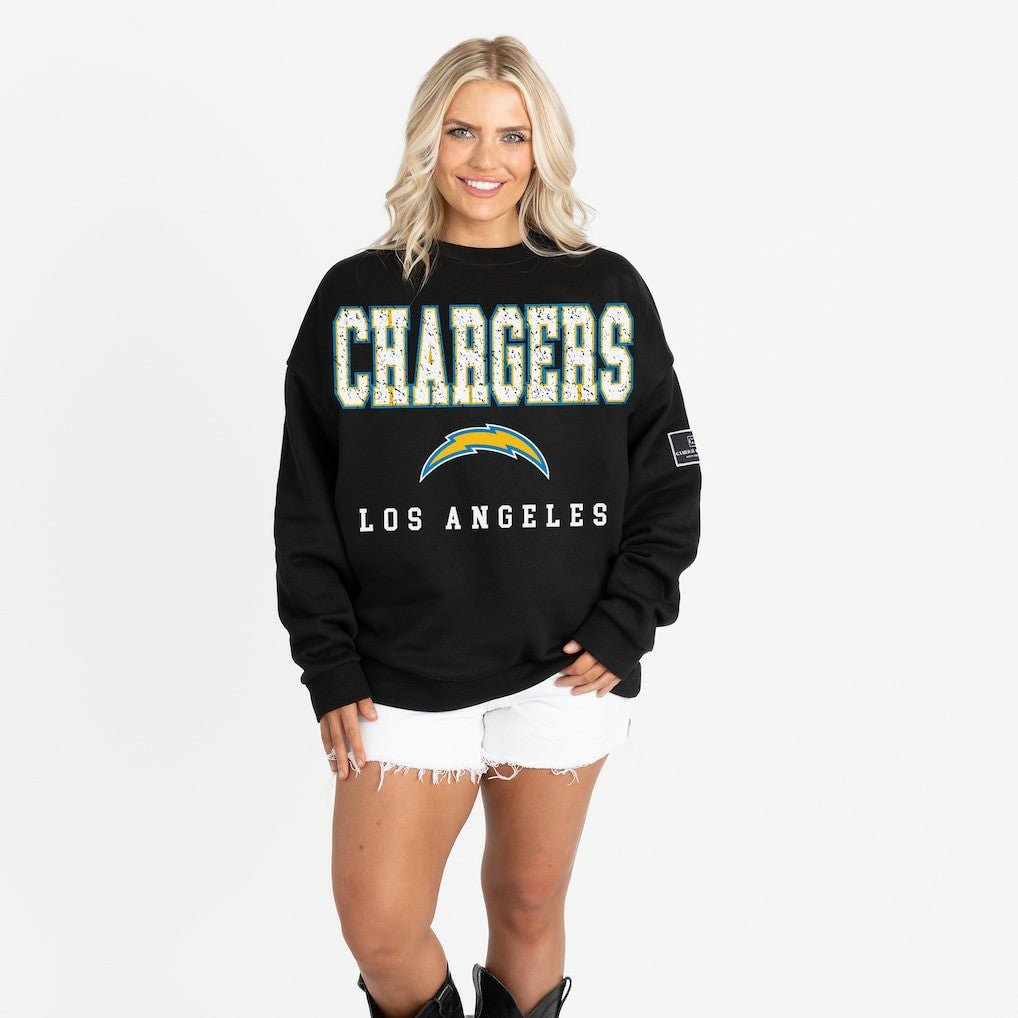 Los Angeles Chargers Gameday Couture Women's Oversized Level Up Black Label Premium Fleece Sweatshirt Black - NFL