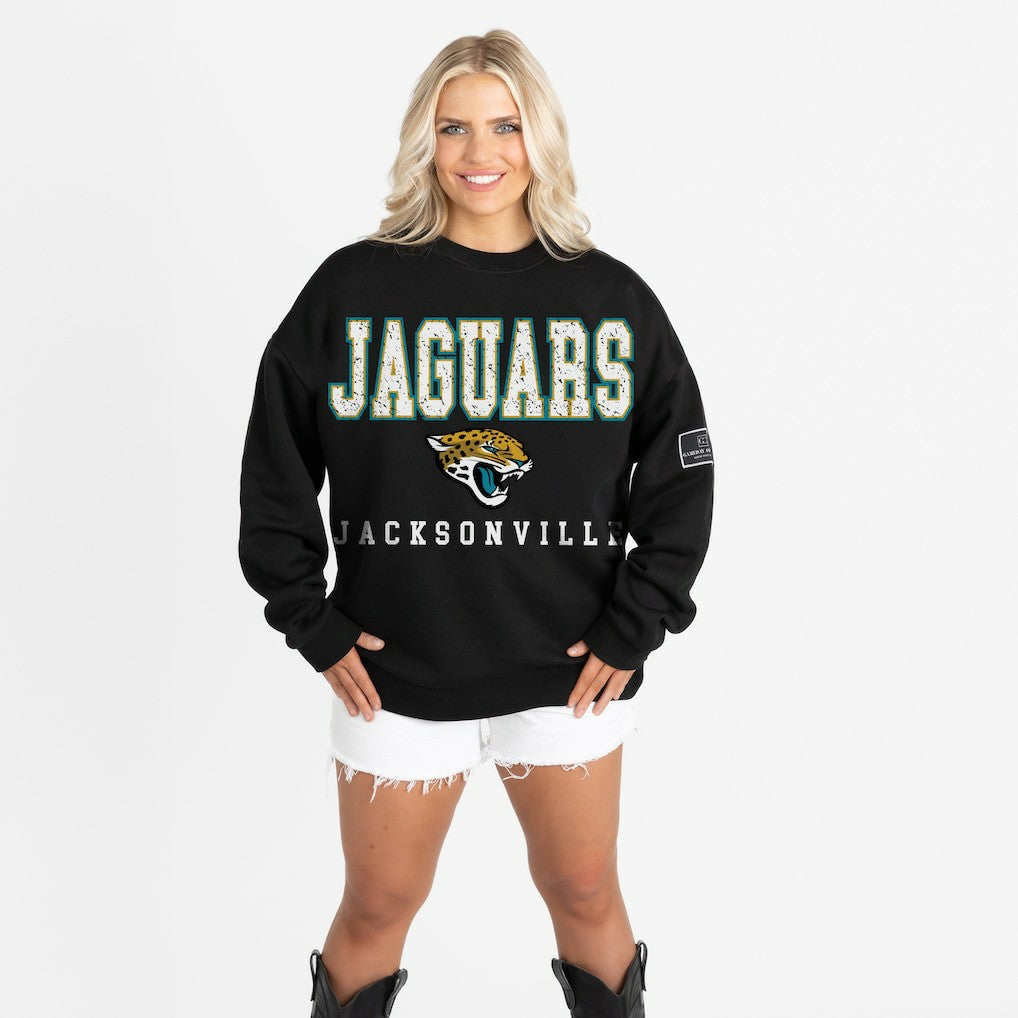 Jacksonville Jaguars Gameday Couture Women's Oversized Level Up Black Label Premium Fleece Sweatshirt Black - NFL
