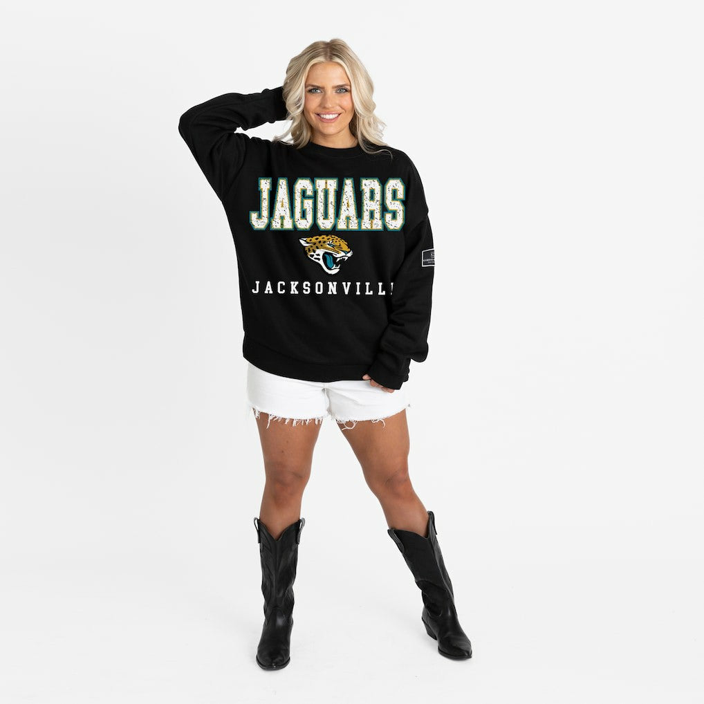 Jacksonville Jaguars Gameday Couture Women's Oversized Level Up Black Label Premium Fleece Sweatshirt Black - NFL