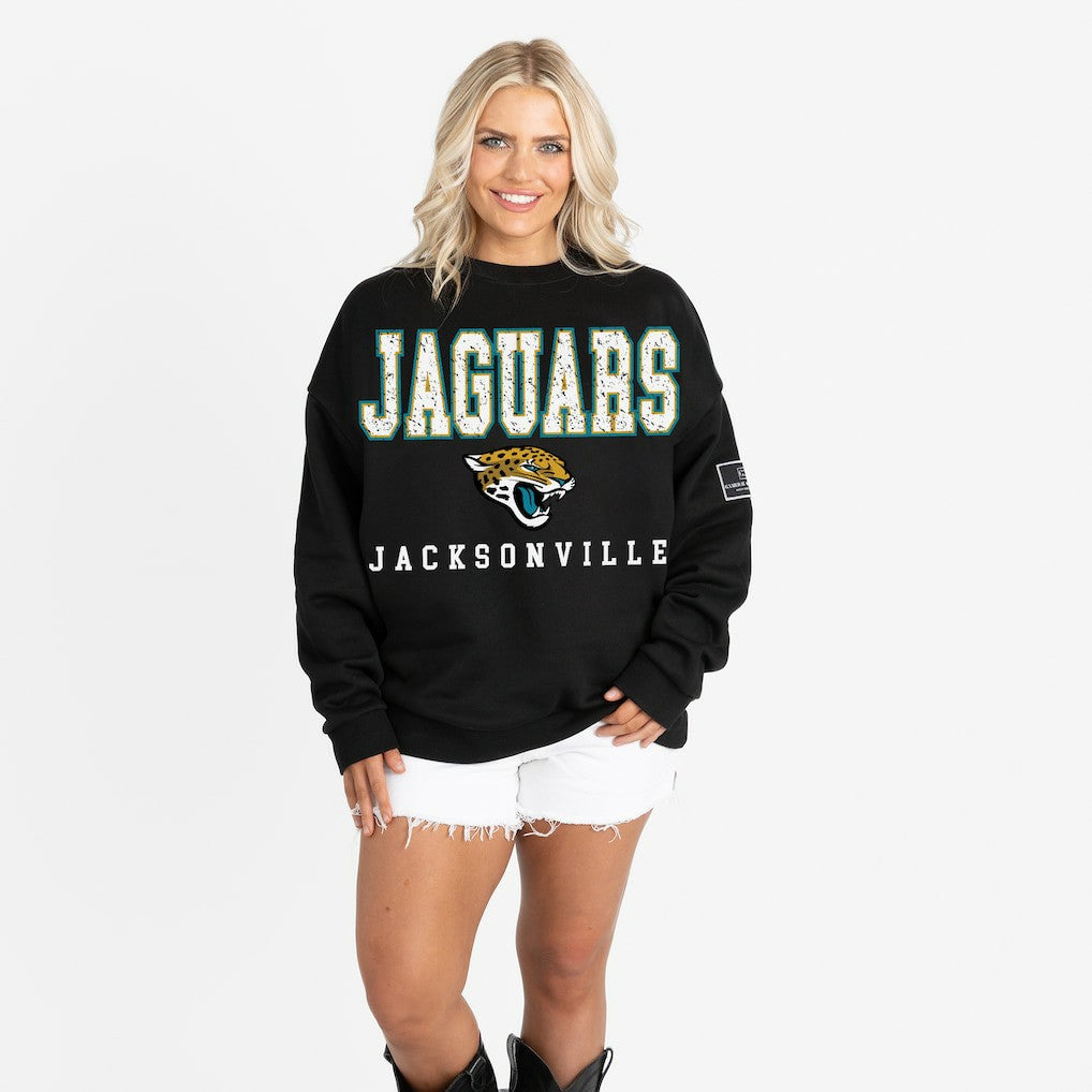 Jacksonville Jaguars Gameday Couture Women's Oversized Level Up Black Label Premium Fleece Sweatshirt Black - NFL