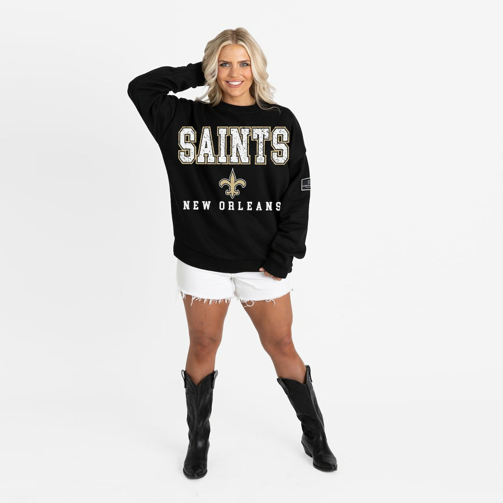 New Orleans Saints Gameday Couture Women's Oversized Level Up Black Label Premium Fleece Sweatshirt Black - NFL