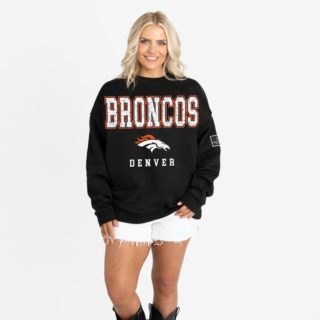 Denver Broncos Gameday Couture Women's Oversized Level Up Black Label Premium Fleece Sweatshirt Black - NFL