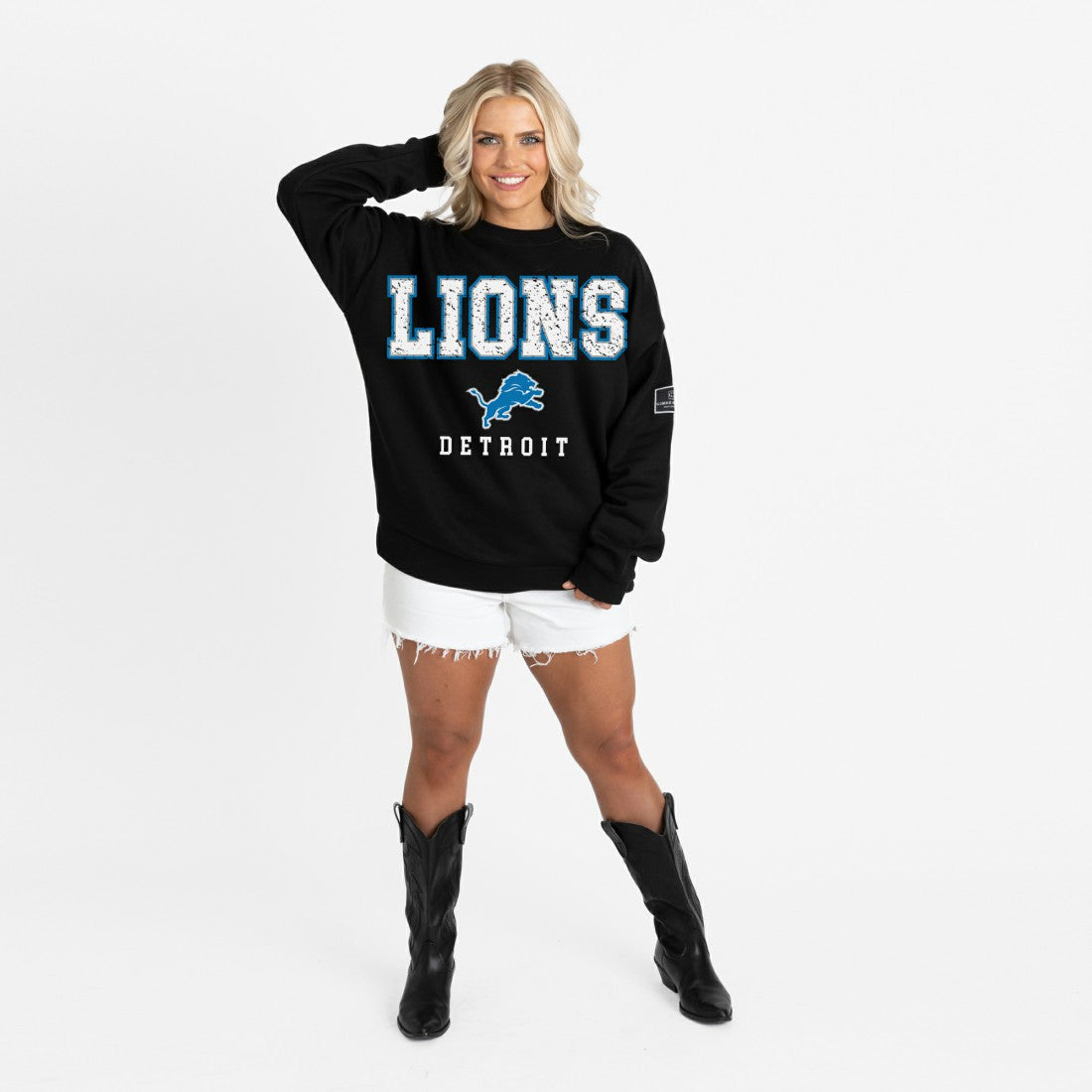 Detroit Lions Gameday Couture Women's Oversized Level Up Black Label Premium Fleece Sweatshirt Black - NFL