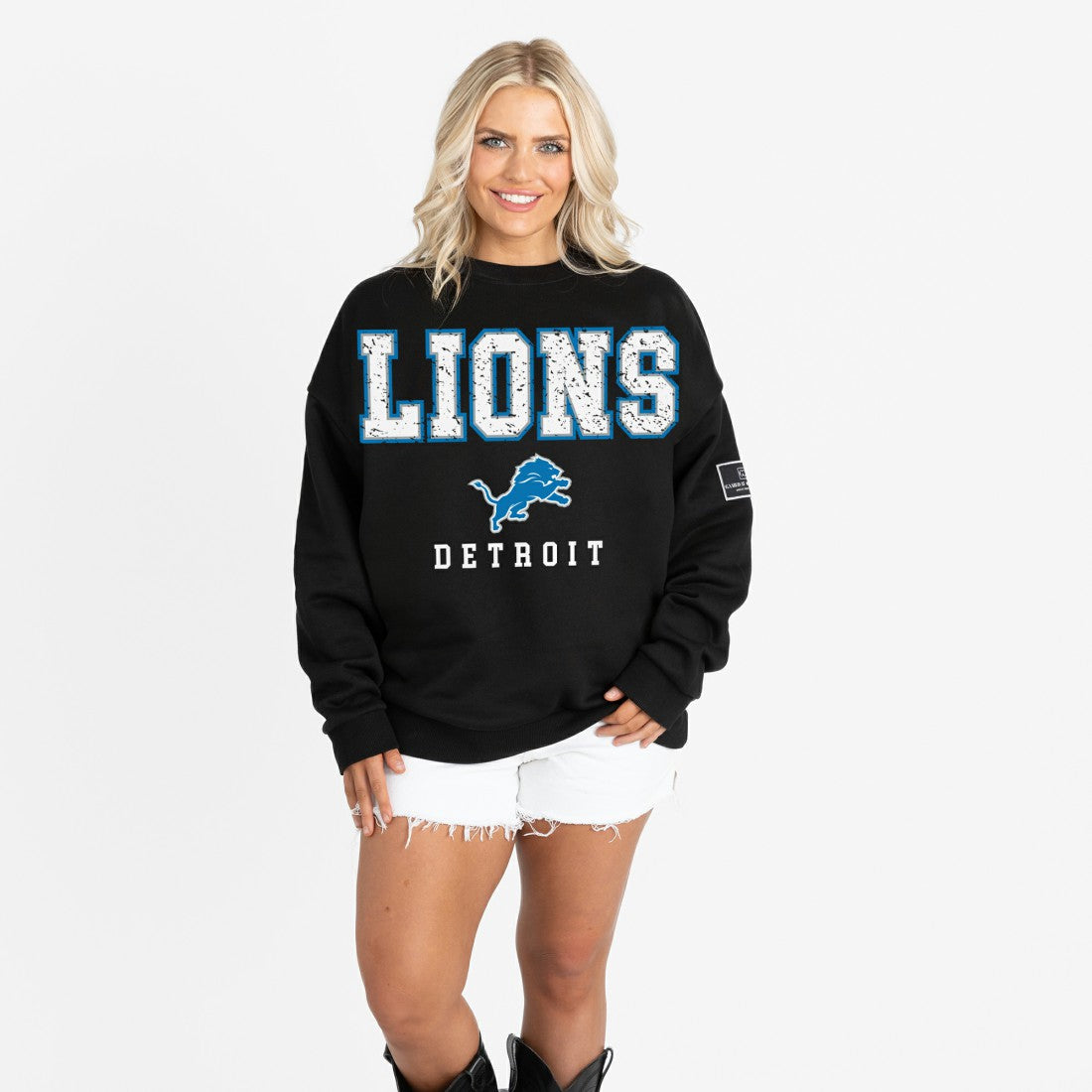 Detroit Lions Gameday Couture Women's Oversized Level Up Black Label Premium Fleece Sweatshirt Black - NFL