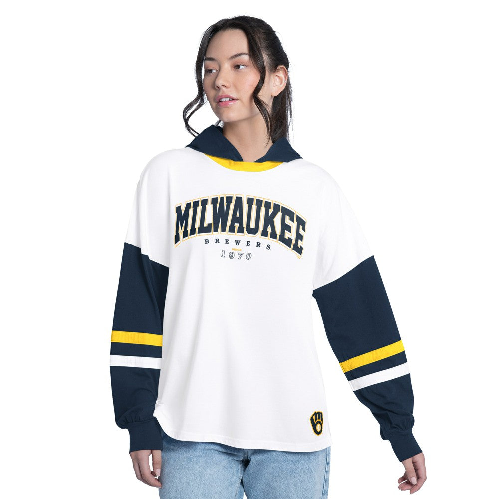 Milwaukee Brewers G-III 4Her by Carl Banks Women's Key Player Oversized Hooded Long Sleeve T-Shirt On Sale
