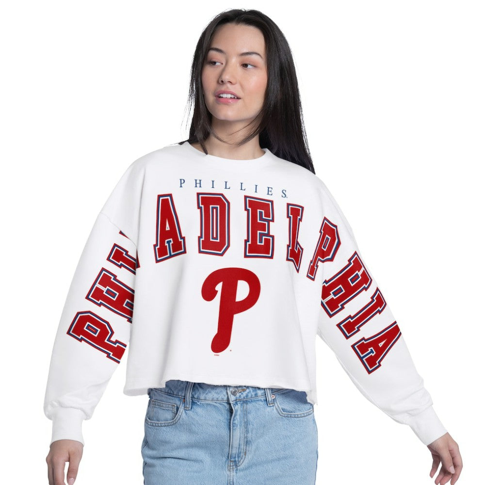 Philadelphia Phillies G-III 4Her by Carl Banks Women's Bleachers Cropped Pullover Sweatshirt Clearance