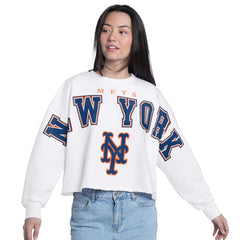 New York Mets G-III 4Her by Carl Banks Women's Bleachers Cropped Pullover Sweatshirt for sale
