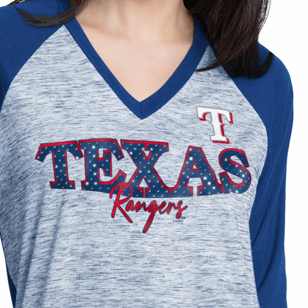 Texas Rangers G-III 4Her by Carl Banks Women's Speed Training 3/4-Sleeve Rhinestone V-Neck T-Shirt Clearance