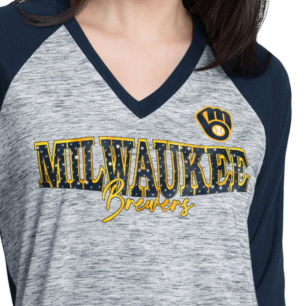 Milwaukee Brewers G-III 4Her by Carl Banks Women's Speed Training 3/4-Sleeve Rhinestone V-Neck T-Shirt for sale