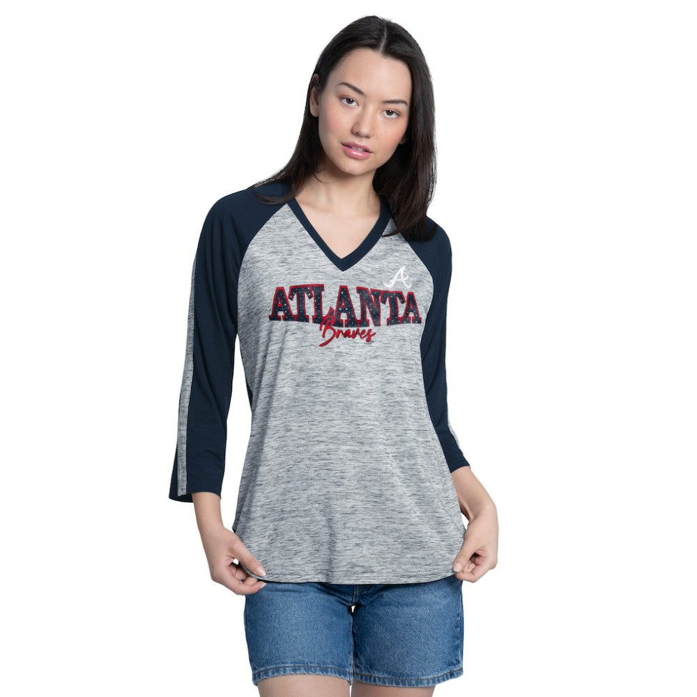 Atlanta Braves G-III 4Her by Carl Banks Women's Speed Training 3/4-Sleeve Rhinestone V-Neck T-Shirt Sale
