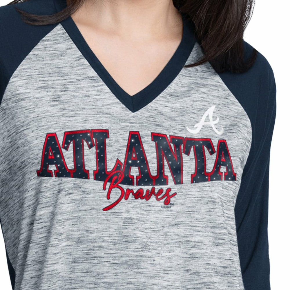 Atlanta Braves G-III 4Her by Carl Banks Women's Speed Training 3/4-Sleeve Rhinestone V-Neck T-Shirt Sale