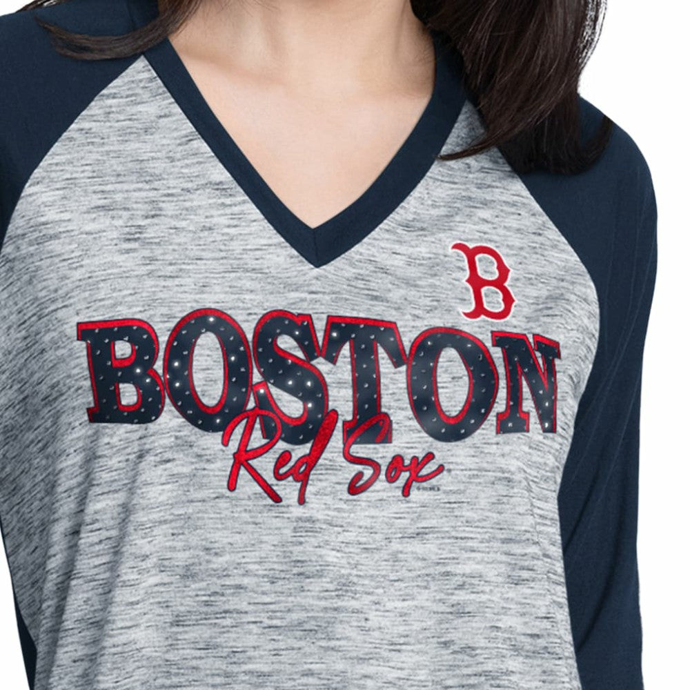 Boston Red Sox G-III 4Her by Carl Banks Women's Speed Training 3/4-Sleeve Rhinestone V-Neck T-Shirt On Sale