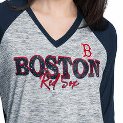 Boston Red Sox G-III 4Her by Carl Banks Women's Speed Training 3/4-Sleeve Rhinestone V-Neck T-Shirt On Sale