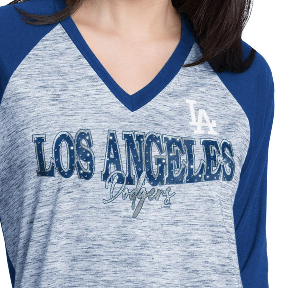 Los Angeles Dodgers G-III 4Her by Carl Banks Women's Speed Training 3/4-Sleeve Rhinestone V-Neck T-Shirt Lifestyle