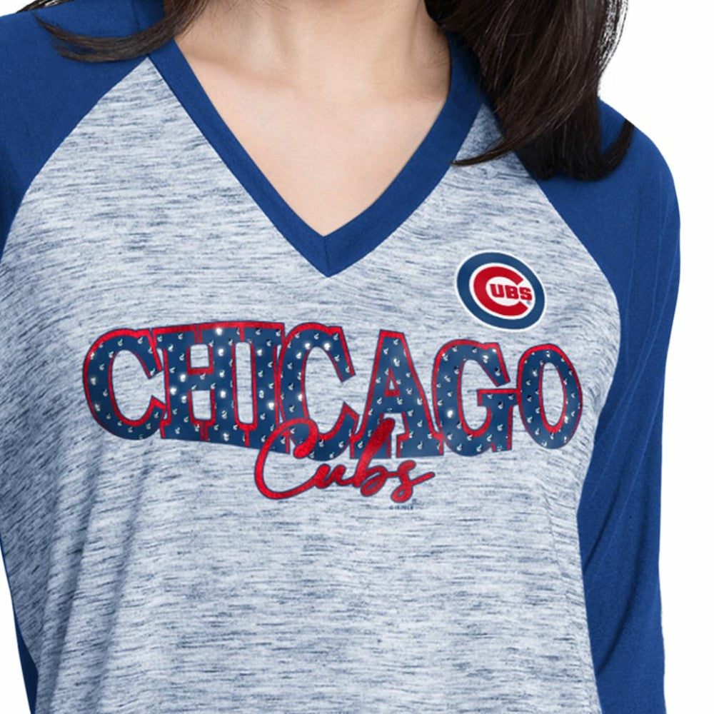 Chicago Cubs G-III 4Her by Carl Banks Women's Speed Training 3/4-Sleeve Rhinestone V-Neck T-Shirt for sale