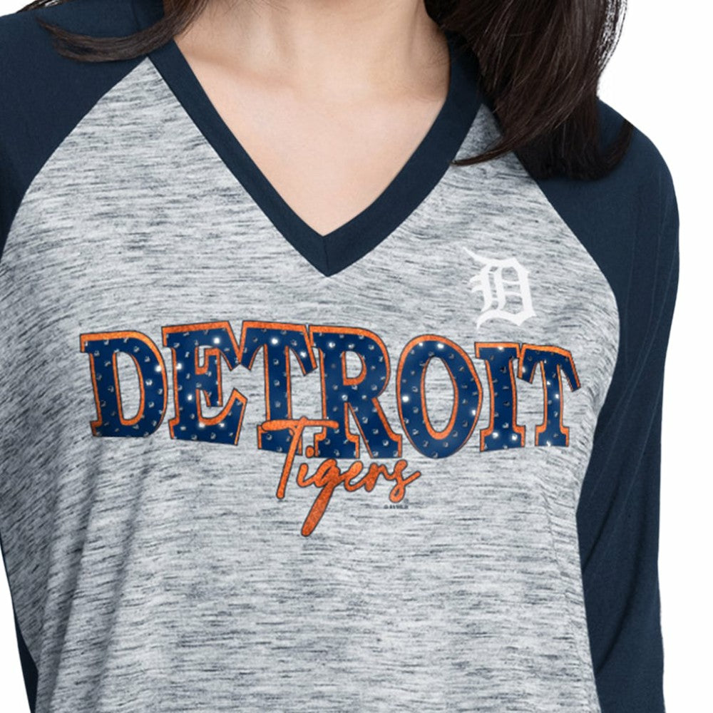 Detroit Tigers G-III 4Her by Carl Banks Women's Speed Training 3/4-Sleeve Rhinestone V-Neck T-Shirt Lifestyle
