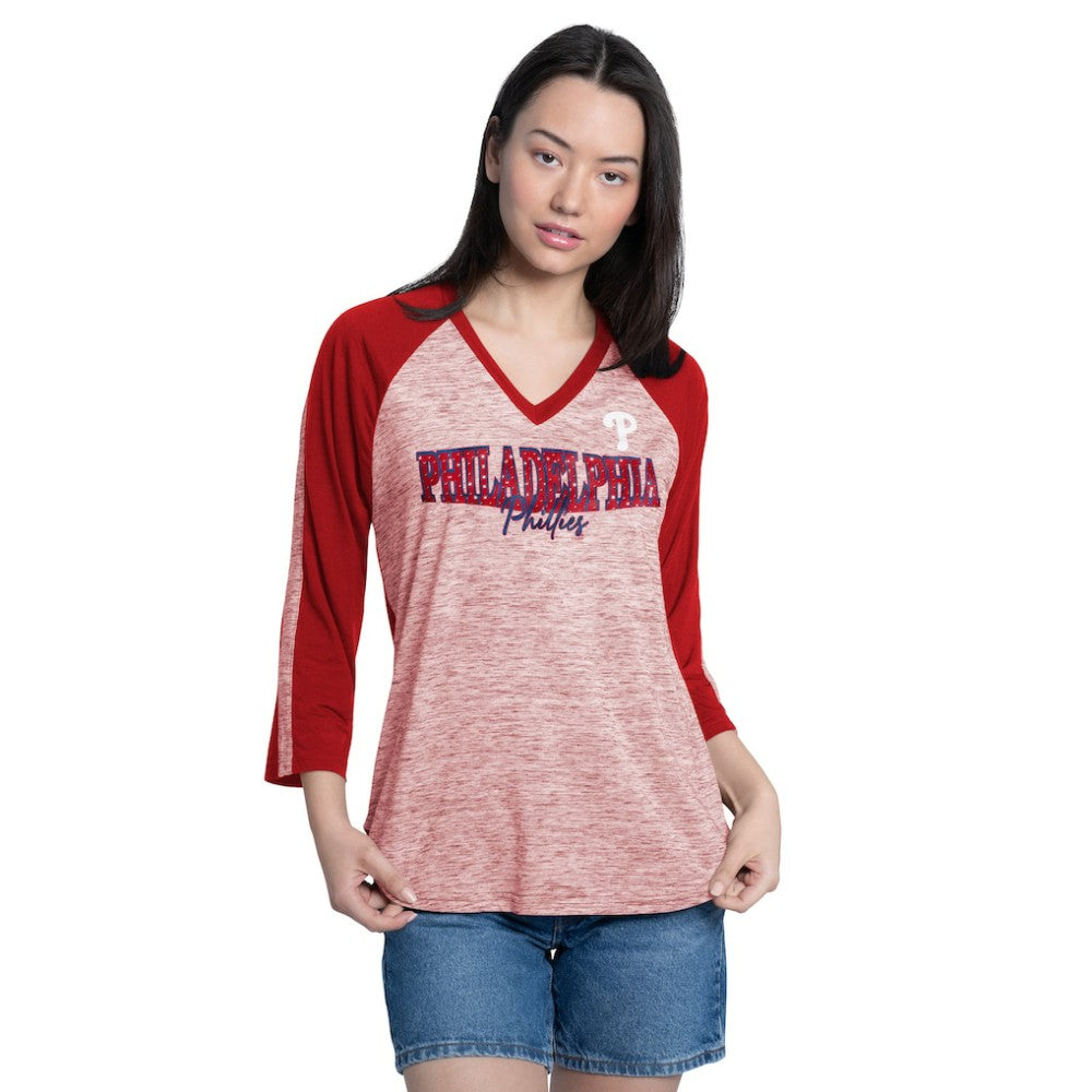 Philadelphia Phillies G-III 4Her by Carl Banks Women's Speed Training 3/4-Sleeve Rhinestone V-Neck T-Shirt Sale