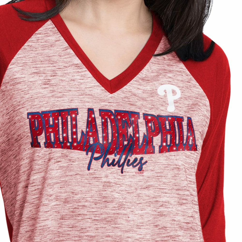 Philadelphia Phillies G-III 4Her by Carl Banks Women's Speed Training 3/4-Sleeve Rhinestone V-Neck T-Shirt Sale