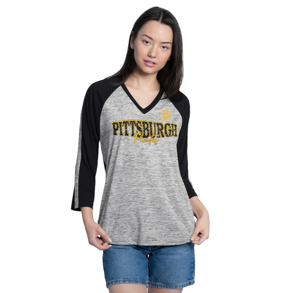 Pittsburgh Pirates G-III 4Her by Carl Banks Women's Speed Training 3/4-Sleeve Rhinestone V-Neck T-Shirt Sale