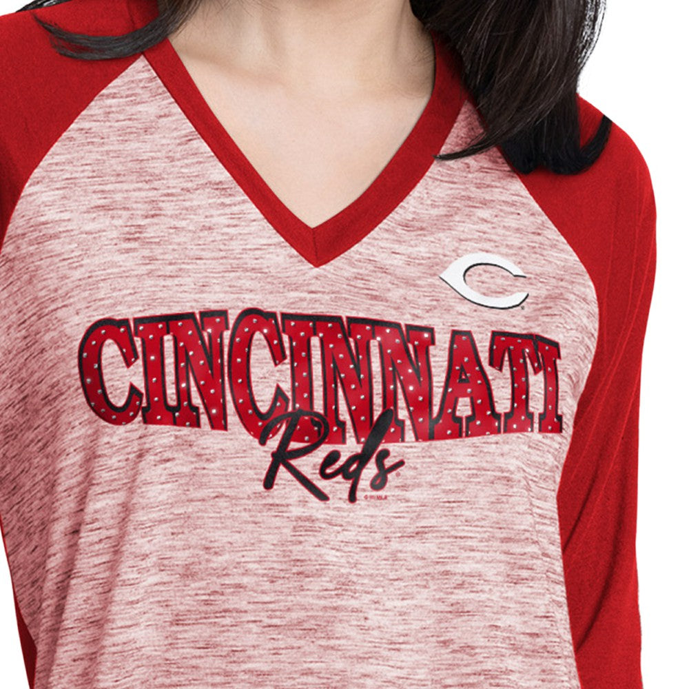 Cincinnati Reds G-III 4Her by Carl Banks Women's Speed Training 3/4-Sleeve Rhinestone V-Neck T-Shirt Lifestyle