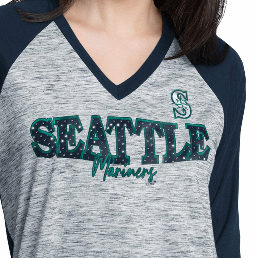 Seattle Mariners G-III 4Her by Carl Banks Women's Speed Training 3/4-Sleeve Rhinestone V-Neck T-Shirt Lifestyle