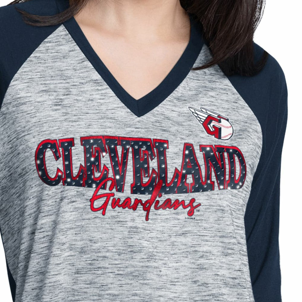 Cleveland Guardians G-III 4Her by Carl Banks Women's Speed Training 3/4-Sleeve Rhinestone V-Neck T-Shirt Lifestyle