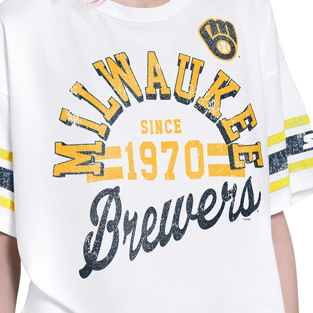 Milwaukee Brewers Starter Women's Cropped Hurry Up Offense T-Shirt Lifestyle