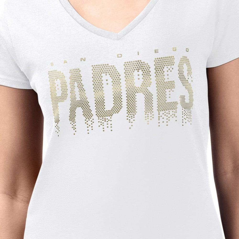 San Diego Padres G-III 4Her by Carl Banks Women's Metallic Drop Lightweight V-Neck T-Shirt Clearance