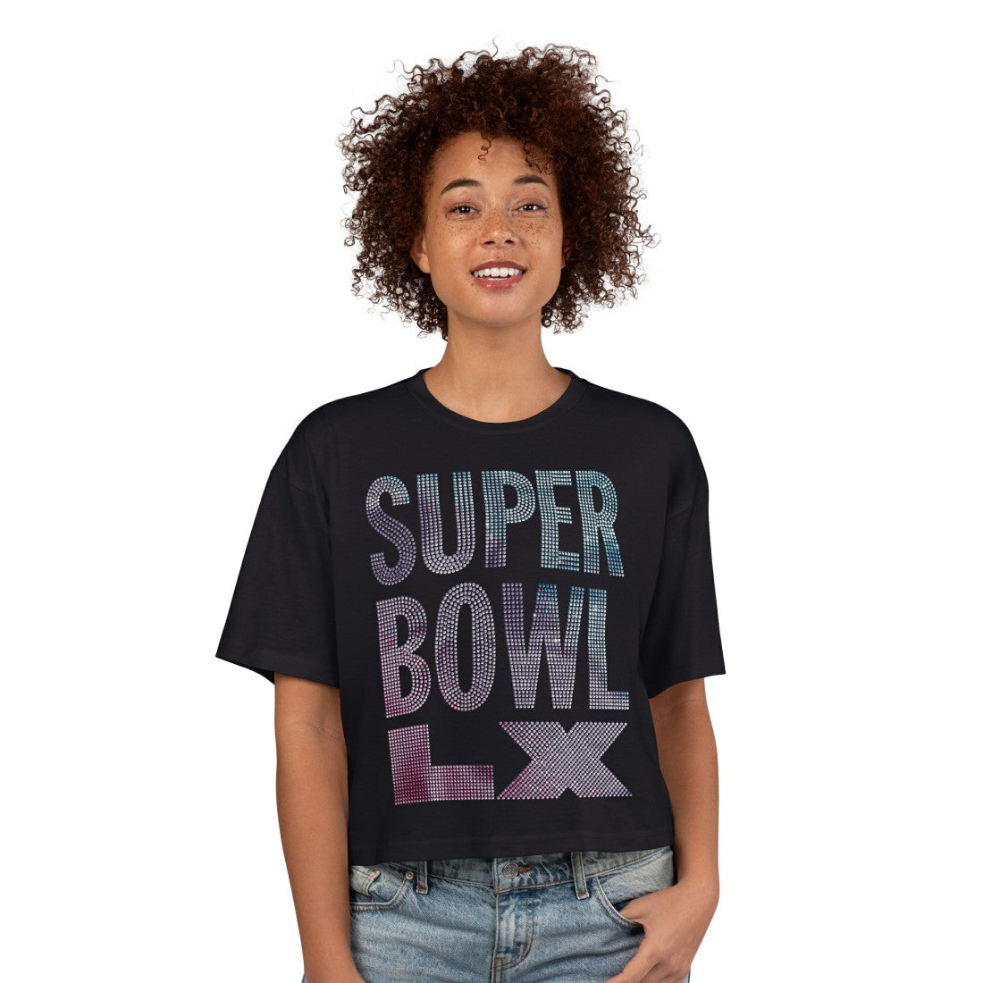 Super Bowl LX G-III 4Her by Carl Banks Women's Play Ball Oversized Rhinestone Cropped T-Shirt Black - NFL