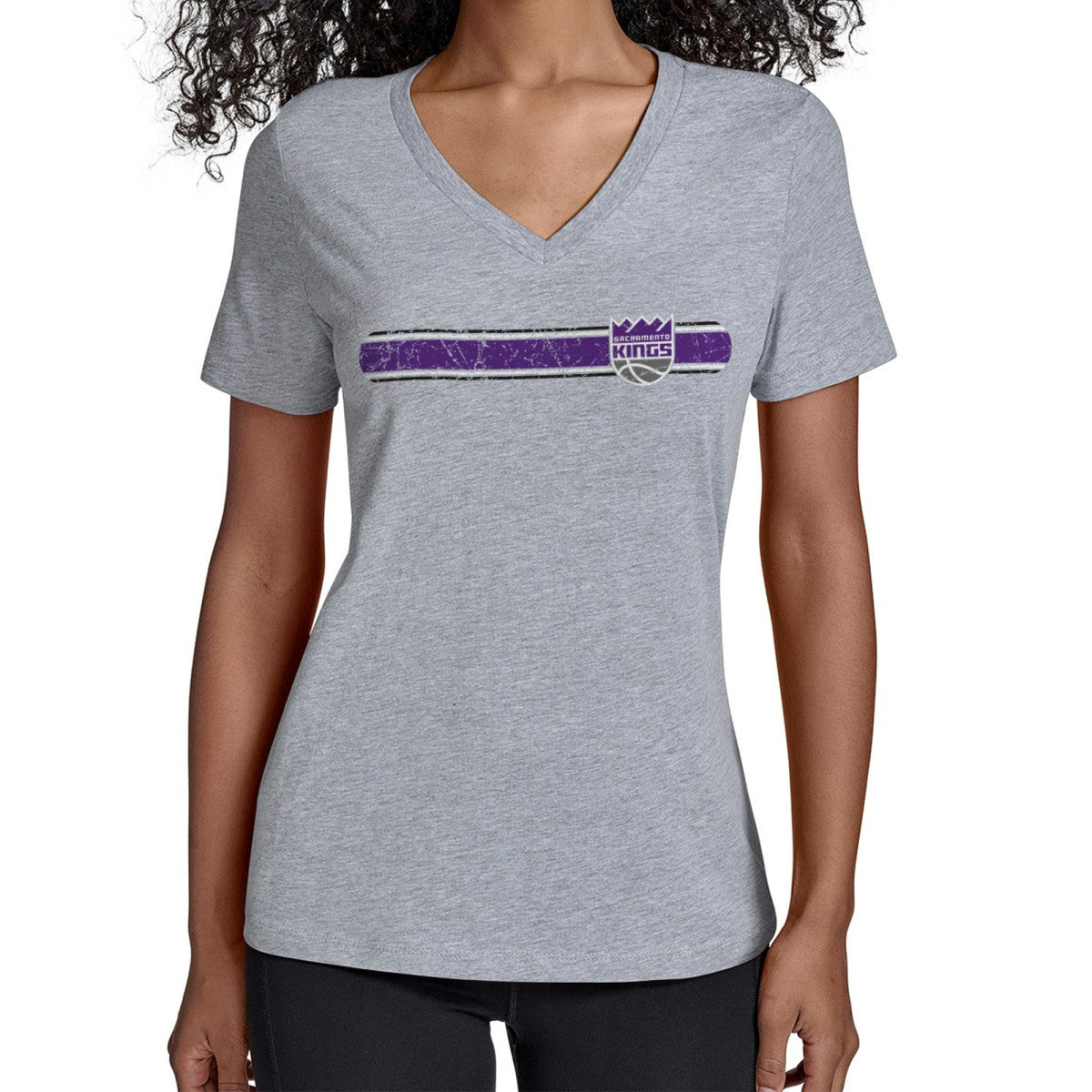 NBA - Sacramento Kings Starter Women's Team Stripe V-Neck T-Shirt - Gray