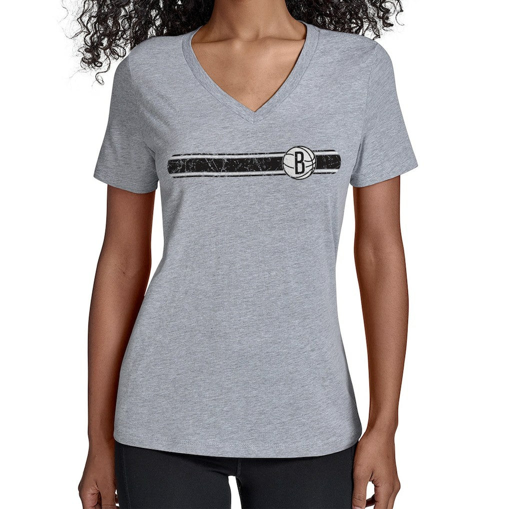 NBA - Brooklyn Nets Starter Women's Team Stripe V-Neck T-Shirt - Gray