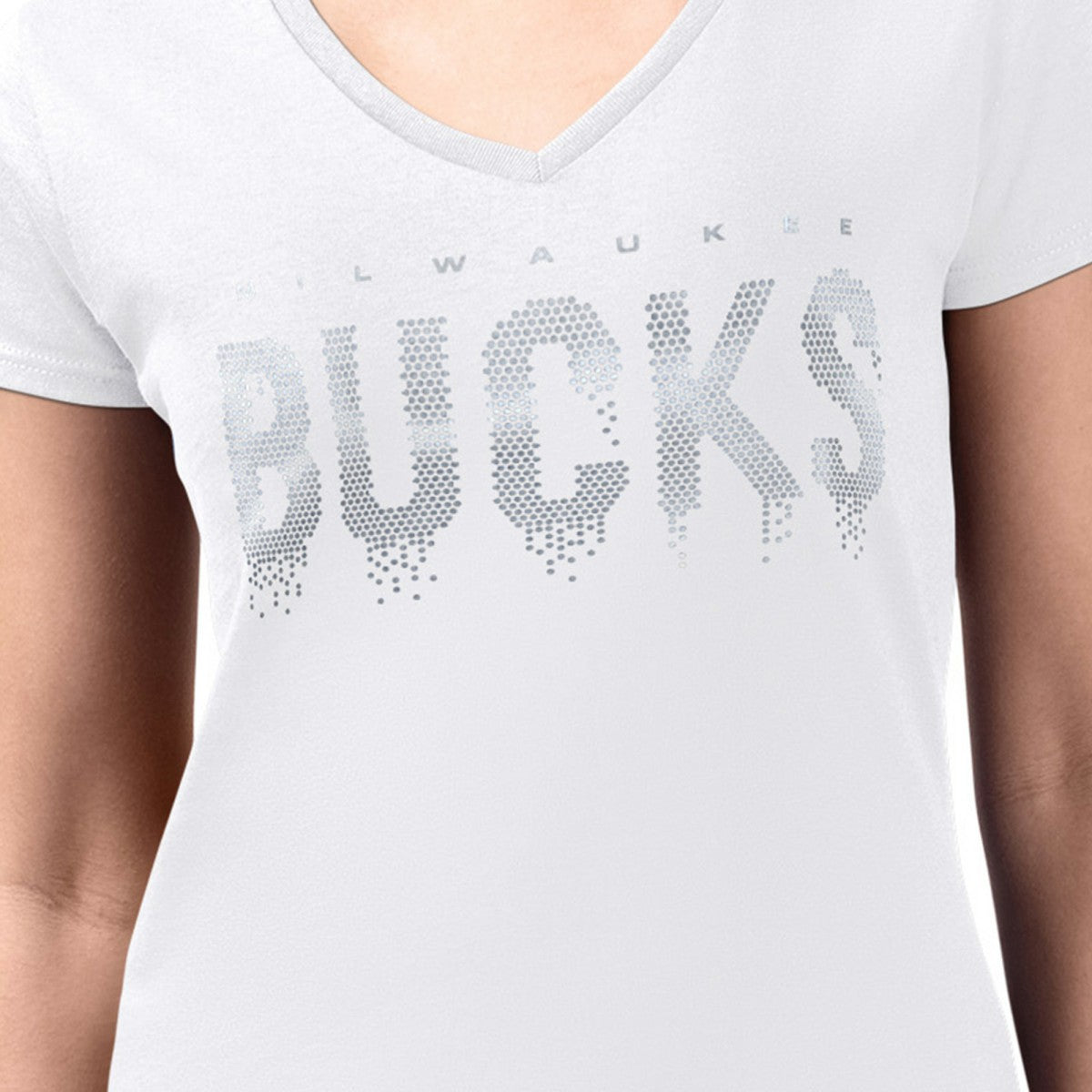 NBA - Milwaukee Bucks G-III 4Her by Carl Banks Women's Super-Slim-Fit Metallic Drop Lightweight V-Neck T-Shirt - White