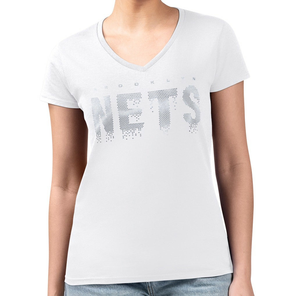 NBA - Brooklyn Nets G-III 4Her by Carl Banks Women's Super-Slim-Fit Metallic Drop Lightweight V-Neck T-Shirt - White