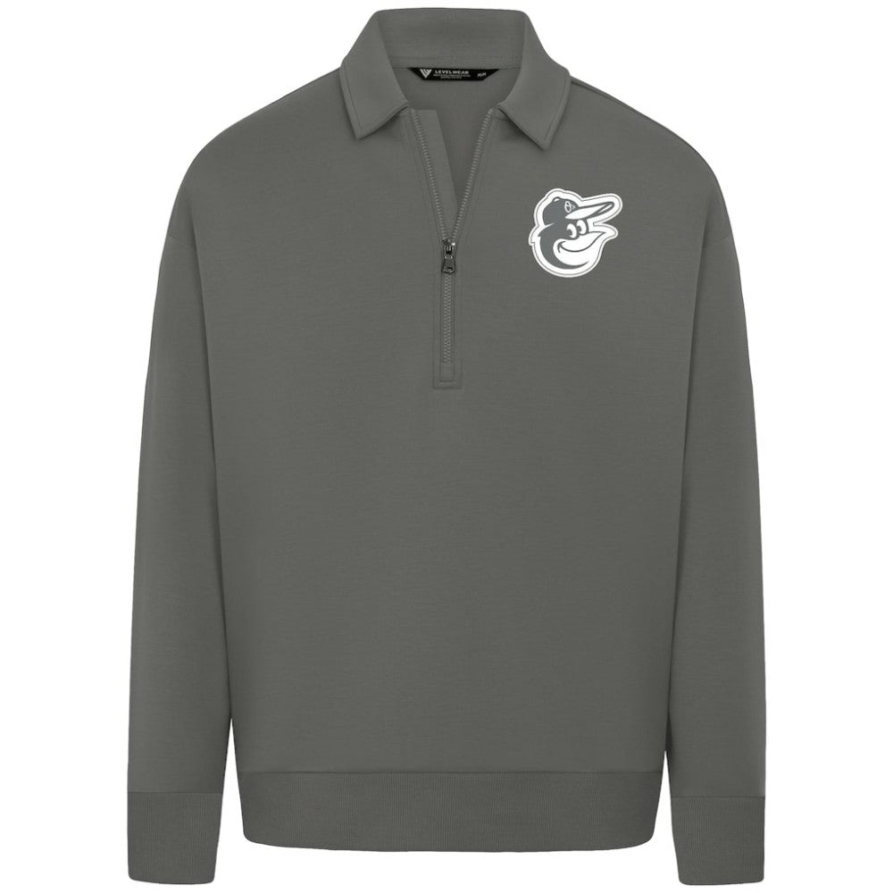 Baltimore Orioles Levelwear Luxe Signature Quarter-Zip Chenille Logo Tri-Blend Sweatshirt Lifestyle