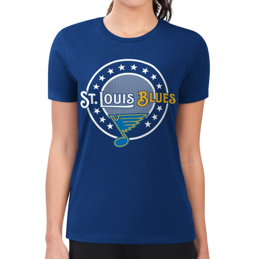 St. Louis Blues - G-III 4Her by Carl Banks Women's Super-Slim Lightweight Pinstripe Circle Graphic T-Shirt Royal