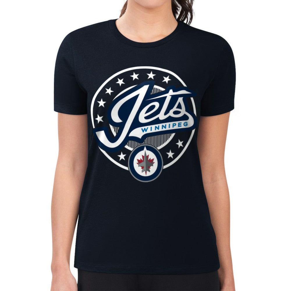Winnipeg Jets - G-III 4Her by Carl Banks Women's Super-Slim Lightweight Pinstripe Circle Graphic T-Shirt Navy