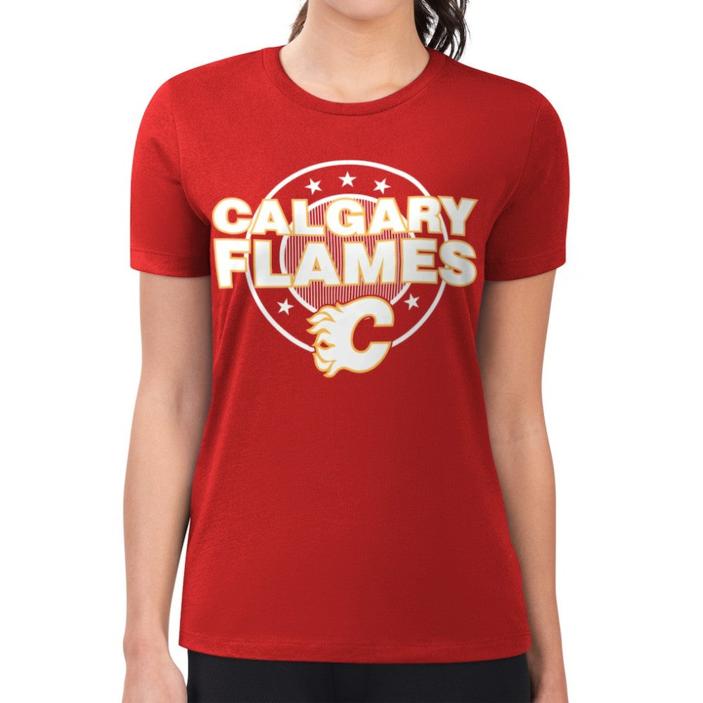 Calgary Flames - G-III 4Her by Carl Banks Women's Super-Slim Lightweight Pinstripe Circle Graphic T-Shirt Red
