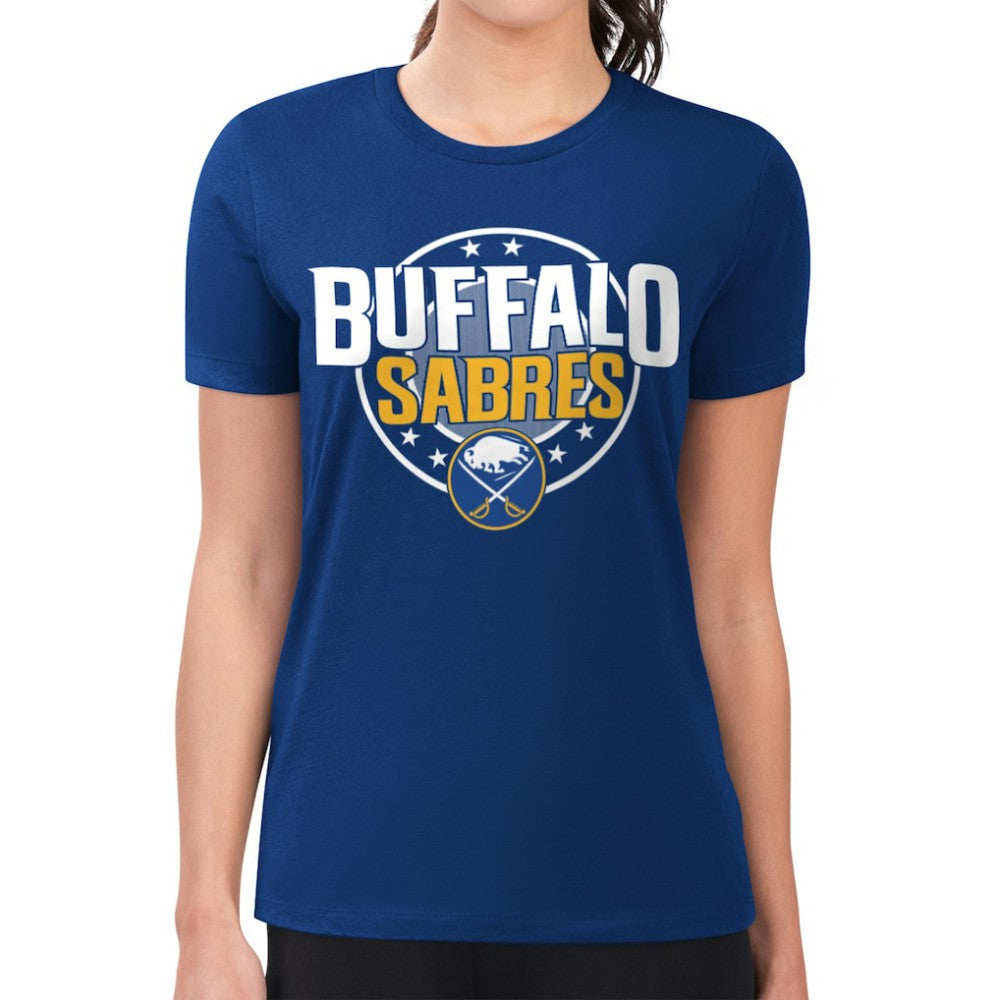 Buffalo Sabres - G-III 4Her by Carl Banks Women's Super-Slim Lightweight Pinstripe Circle Graphic T-Shirt Royal