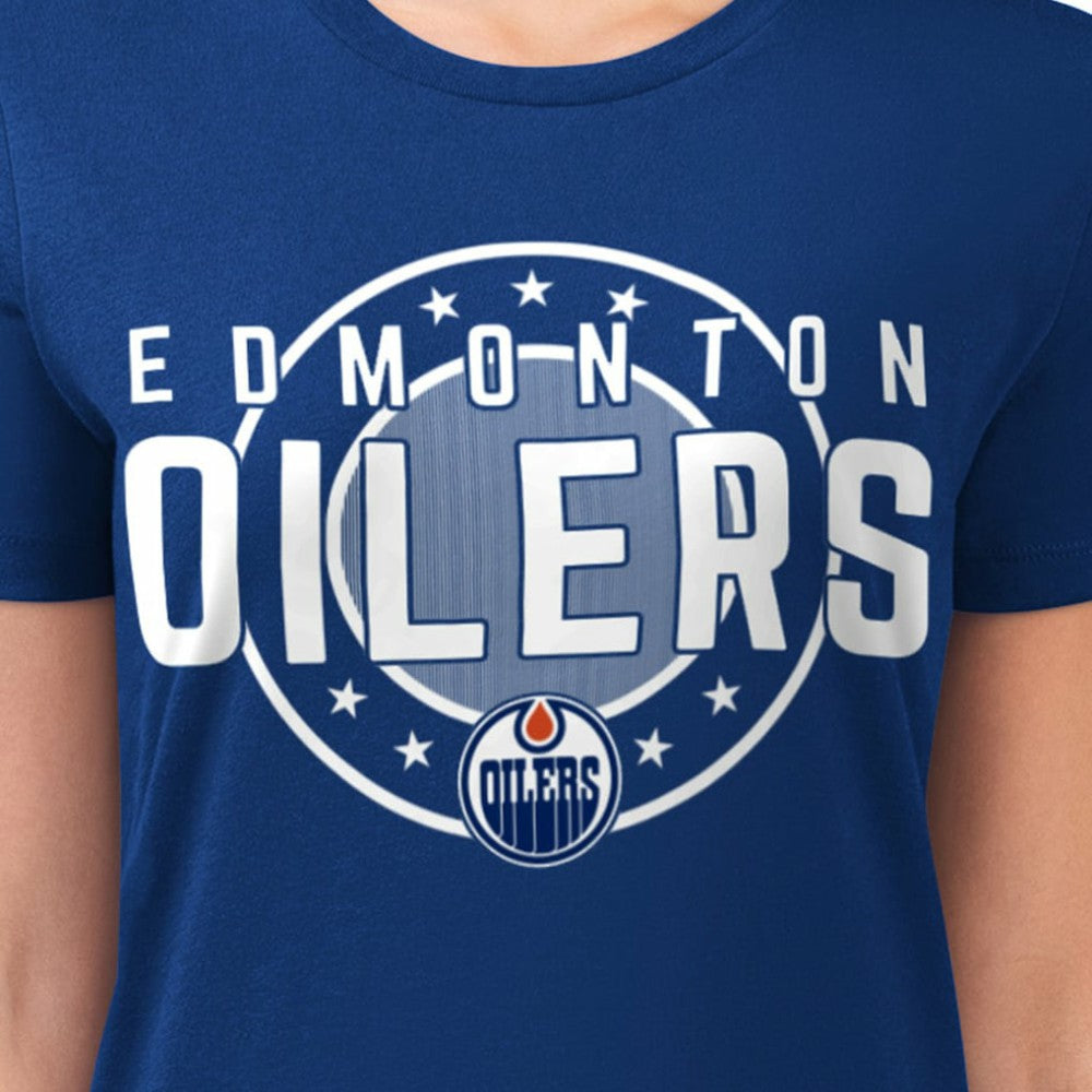 Edmonton Oilers - G-III 4Her by Carl Banks Women's Super-Slim Lightweight Pinstripe Circle Graphic T-Shirt Royal