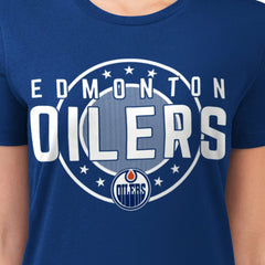 Edmonton Oilers - G-III 4Her by Carl Banks Women's Super-Slim Lightweight Pinstripe Circle Graphic T-Shirt Royal