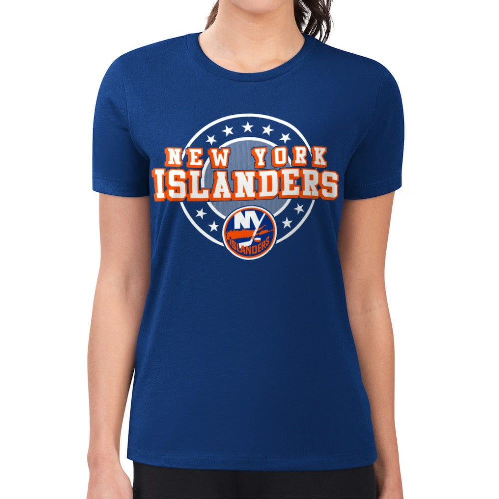 New York Islanders - G-III 4Her by Carl Banks Women's Super-Slim Lightweight Pinstripe Circle Graphic T-Shirt Royal