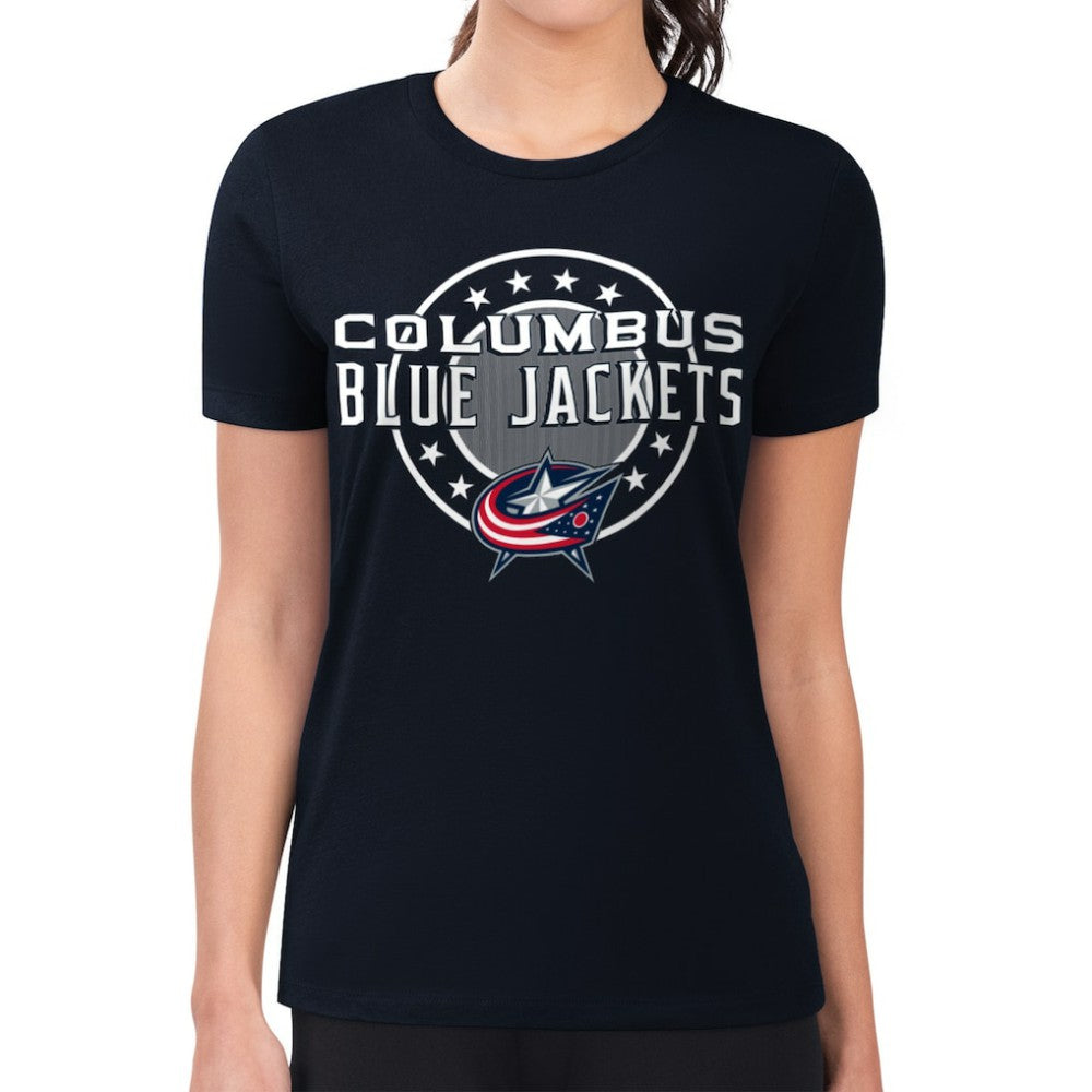Columbus Blue Jackets - G-III 4Her by Carl Banks Women's Super-Slim Lightweight Pinstripe Circle Graphic T-Shirt Navy