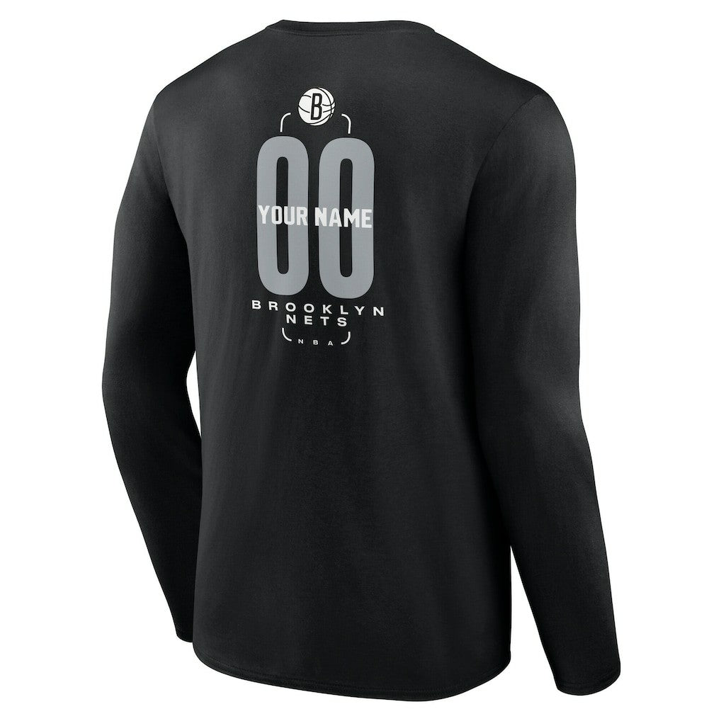 NBA - Brooklyn Nets Center Court Name & Number Custom Long Sleeve T-Shirt - Black