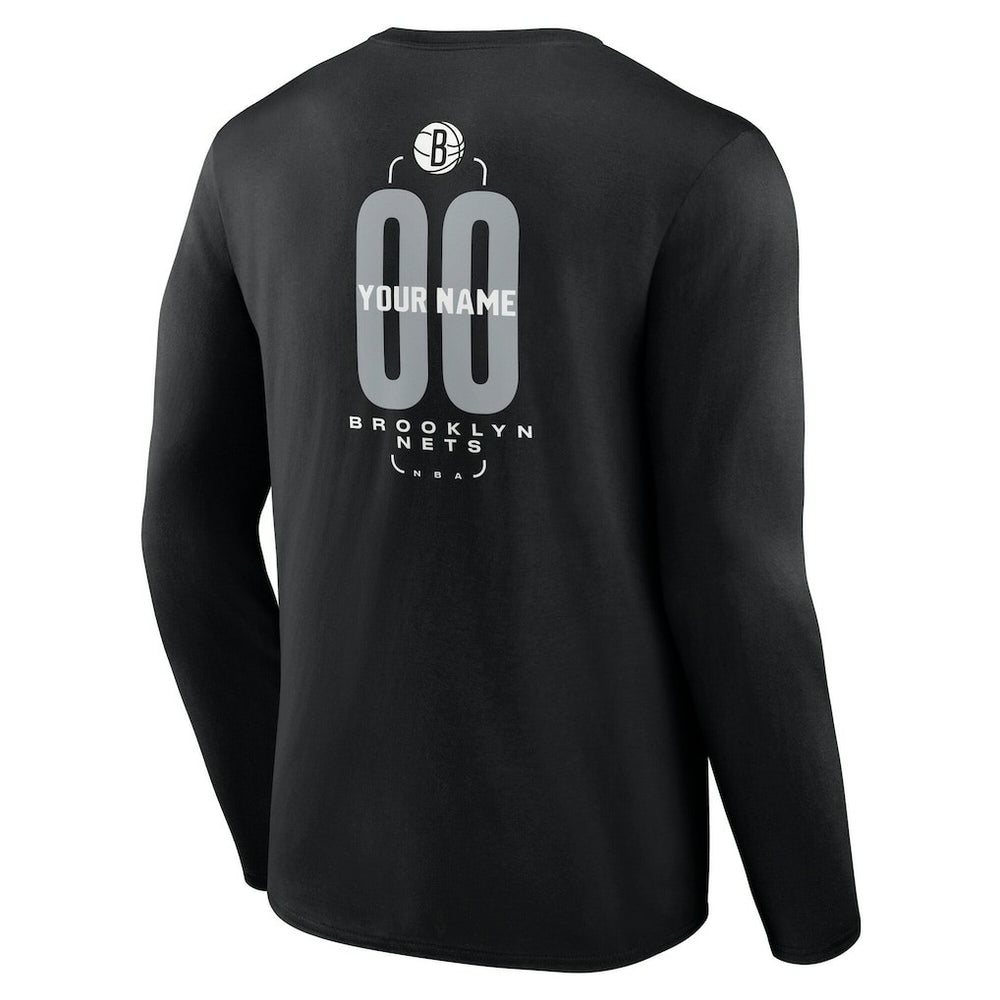 NBA - Brooklyn Nets Center Court Name & Number Custom Long Sleeve T-Shirt - Black