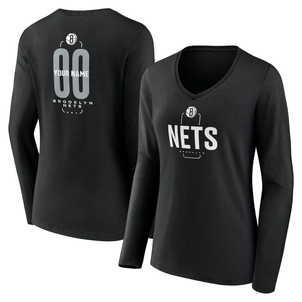 NBA - Brooklyn Nets Women's Center Court Name & Number Custom Long Sleeve V-Neck T-Shirt - Black