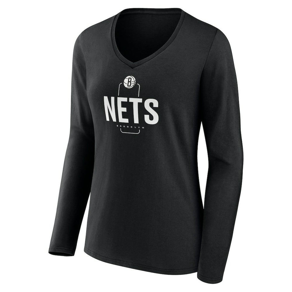 NBA - Brooklyn Nets Women's Center Court Name & Number Custom Long Sleeve V-Neck T-Shirt - Black