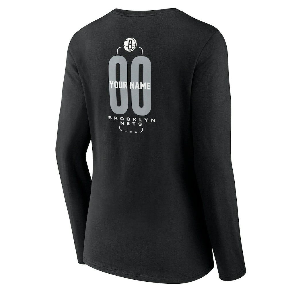 NBA - Brooklyn Nets Women's Center Court Name & Number Custom Long Sleeve V-Neck T-Shirt - Black