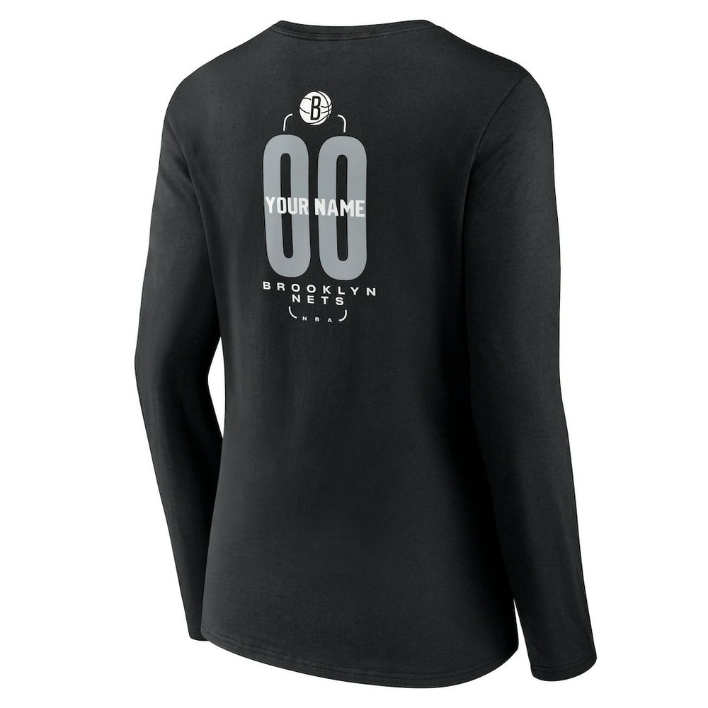 NBA - Brooklyn Nets Women's Center Court Name & Number Custom Long Sleeve V-Neck T-Shirt - Black